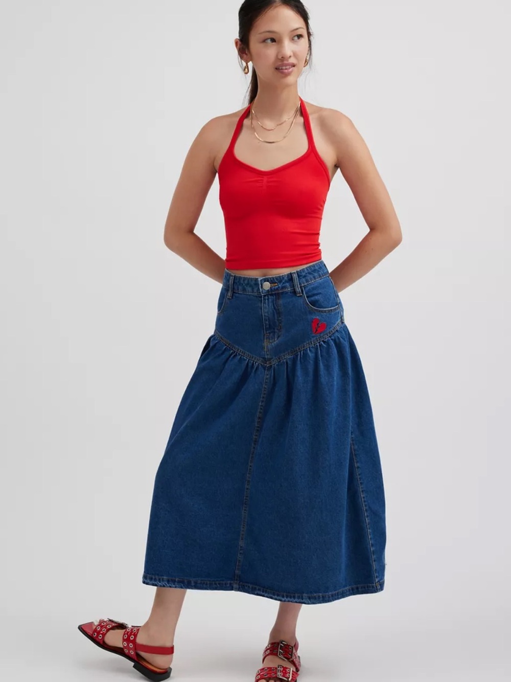 Kimchi Blue Clara Drop Waist Denim Midi Skirt Size Large